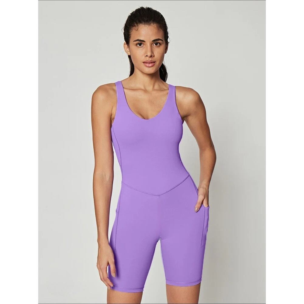 IUGA Tummy Control Short Purple Bodysuit Gym Athletic Pockets Size M